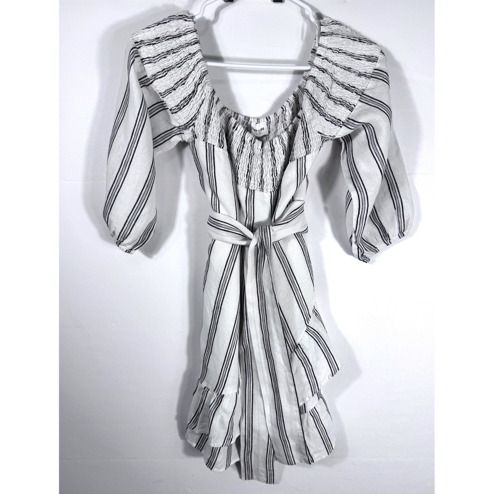 Sugar Lips Striped Linen Smocked Cottagecore Ruffle Mini Dress Approx. Med‎